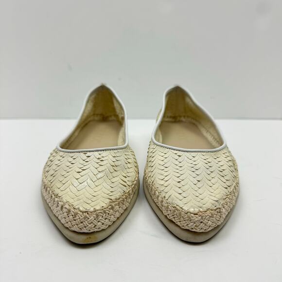 The Flexx | Metallic Ivory Cream Leather Texture Pointed Toe Espadrille Flats - Picture 3 of 12